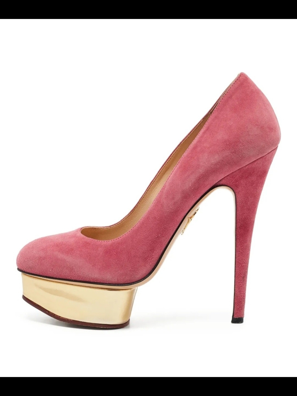 Charlotte Olympia Dolly Pink Suede Platform Pump w/ Gold Platform Wmns Sz 10/40